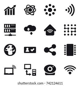 16 vector icon set : diagram, atom, round around, wireless, server, cloud  service, wireless home, chip, check in