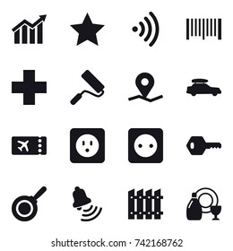 16 vector icon set : diagram, star, wireless, barcode, repair, car baggage, ticket, power socket, key, pan, bell, fence, dish cleanser