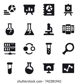 16 vector icon set : diagram, presentation, annual report, round flask, flask, microscope, server, quantum bond, vial, magnifier