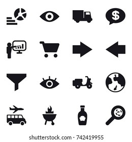 16 vector icon set : diagram, eye, truck, money message, presentation, cart, right arrow, left arrow, funnel, earth, transfer, bbq, viruses