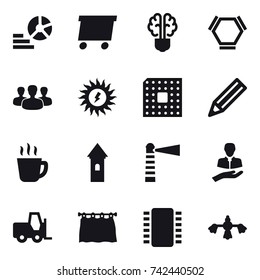 16 vector icon set : diagram, delivery, bulb brain, hex molecule, group, sun power, cpu, pencil, hot drink, tower, lighthouse, curtain, hard reach place cleaning