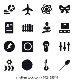 16 vector icon set : diagram, plane, atom, bow, fence, electricity, ring button, thermometer, duster