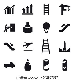 16 vector icon set : diagram, graph up, stairs, tower crane, air ballon, escalator, departure, pickup, cleanser, cleanser powder, please clean