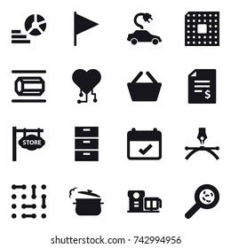 16 vector icon set : diagram, flag, electric car, cpu, nanotube, cardio chip, basket, account balance, store signboard, steam pan, viruses