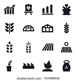 16 vector icon set : diagram, presentation, graph up, flower, greenhouse, spikelets, field, seedling, sprouting, fertilizer