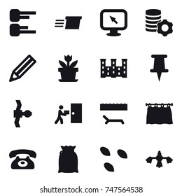16 vector icon set : diagram, delivery, monitor arrow, virtual mining, pencil, flower, palace, lounger, curtain, phone, seeds, hard reach place cleaning