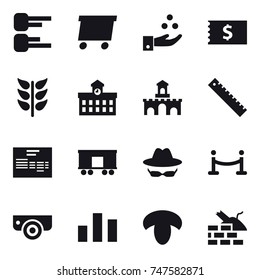 16 vector icon set : diagram, delivery, chemical industry, receipt, university, fort, ruler, vip fence, surveillance camera, mushroom, construct garbage