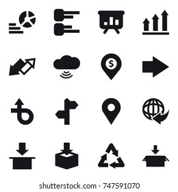 16 vector icon set : diagram, presentation, graph up, up down arrow, cloud wireless, dollar pin, right arrow, package