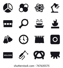 16 vector icon set : diagram, atom core, atom, table lamp, market, magnifier, fountain, flippers, watch, curtain, ring button, welcome mat, udder