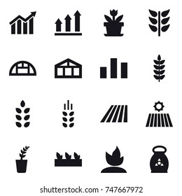 16 vector icon set : diagram, graph up, flower, greenhouse, spikelets, field, seedling, sprouting, fertilizer