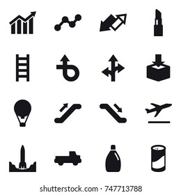 16 vector icon set : diagram, graph, up down arrow, lipstick, stairs, air ballon, escalator, departure, pickup, cleanser, cleanser powder