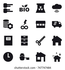 16 vector icon set : diagram, bio, nuclear power, cloud wireless, virtual mining, infinity power, market, delivery, copybook, home, house, cleaning