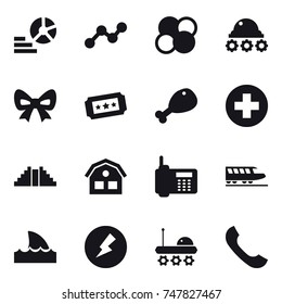 16 vector icon set : diagram, graph, atom core, lunar rover, bow, ticket, chicken leg, pyramid, house, train, shark flipper, electricity