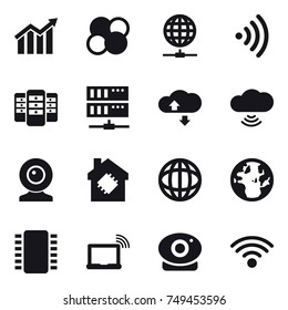 16 vector icon set : diagram, atom core, globe connect, wireless, server, cloude service, cloud wireless, web cam, smart house
