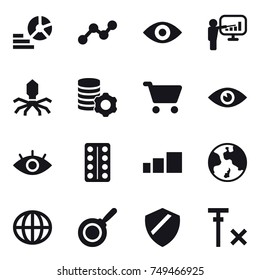 16 vector icon set : diagram, graph, eye, presentation, virus, virtual mining, cart, earth, globe, pan