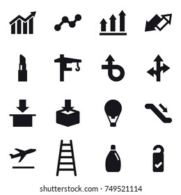 16 vector icon set : diagram, graph, graph up, up down arrow, lipstick, tower crane, air ballon, escalator, departure, stairs, cleanser, please clean