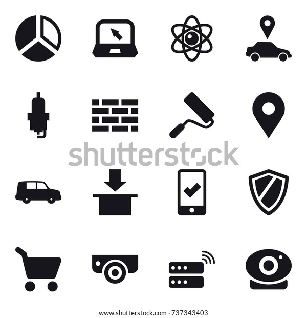 16 vector icon set : diagram, notebook, atom, car\
pointer, spark plug, brick wall, repair, mobile checking, shield,\
cart, surveillance camera