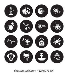 16 vector icon set : Dioptra, Alien, Asteroid, astranaut helmet, Astrology, Abduction, Crescent moon, Big dipper, Comet isolated on black background