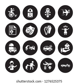 16 vector icon set : Disabled, Air travel insurance, Bite, Broken arm, Building Accident, Contract Coverage, Cargo Coffin isolated on black background