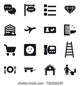 16 vector icon set : discussion, shop signboard, list, diamond, check in, hotel, cart, power socket, intercome, stairs, trailer, barn, toilet cleaning