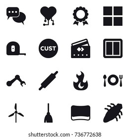 16 Vector Icon Set : Discussion, Cardio Chip, Medal, Window, Measuring Tape, Credit Card, Power Switch, Rolling Pin, Windmill, Broom, Sponge, Bug