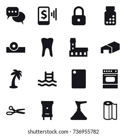 16 vector icon set : discussion, mobile pay, lock, mansion, warehouse, palm, pool, cutting board, scissors, hive, plunger, paper towel