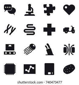 16 vector icon set : discussion, microscope, puzzle, heart, jellyfish, stands for knives, kitchen scales