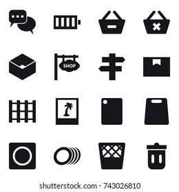 16 vector icon set : discussion, battery, remove from basket, delete cart, box, shop signboard, singlepost, photo, cutting board, ring button, trash bin