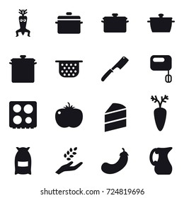 16 vector icon set : dna modify, pan, colander, chef knife, flour, harvest, eggplant, jug