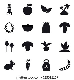 16 vector icon set : dna modify, island, hawaiian wreath, cauldron, trees, mushroom, beet, sprouting, rabbit, carrot, fertilizer, peas