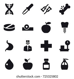 16 vector icon set : dna, drop, apple, pills bottle, liquid soap