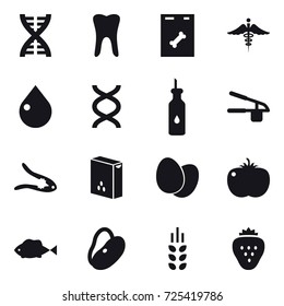 16 vector icon set : dna, drop, garlic clasp, walnut crack, spikelets, strawberry