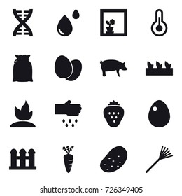 16 vector icon set : dna, flower in window, pig, seedling, sprouting, sow, strawberry, egg, grain elevator, carrot, potato, rake