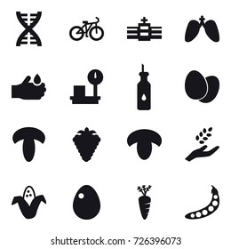 16 vector icon set : dna, bike, berry, mushroom, harvest, corn, egg, carrot, peas