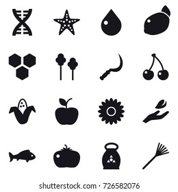 16 vector icon set : dna, starfish, drop, honeycombs, trees, sickle, cherry, corn, apple, flower, hand leaf, fish, tomato, fertilizer, rake