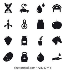 16 vector icon set : dna, electric car, barn, berry, flour, seedling, horse, potato, fertilizer, drop, hand and drop