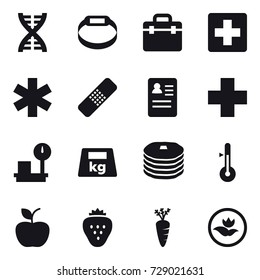 16 vector icon set : dna, smart bracelet, thermometer, apple, strawberry, carrot, ecology