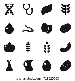 16 vector icon set : dna, drop, walnut crack, spikelets, eggplant, pear, jug, egg, potato