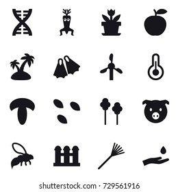 16 vector icon set : dna, dna modify, flower, island, flippers, seeds, trees, pig, wasp, grain elevator, rake, hand and drop