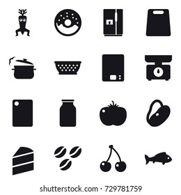 16 vector icon set : dna modify, donut, fridge, cutting board, steam pan, kolander, kitchen scales, coffee seeds, cherry, fish