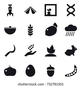 16 vector icon set : dna modify, tent, flower in window, cauldron, rain cloud, sickle, harvest, sprouting, rabbit, tomato, egg, acorn, peas