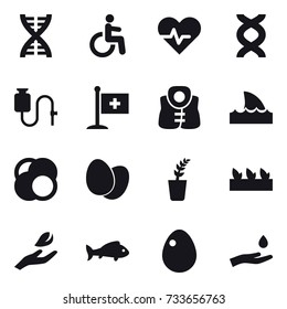 16 vector icon set : dna, life vest, shark flipper, seedling, hand leaf, fish, egg, hand and drop