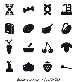 16 vector icon set : dna, bone, pool, mortar, cherry, mushroom, pear, tomato, strawberry, tooth brush
