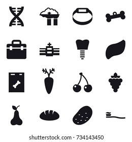 16 vector icon set : dna, factory filter, smart bracelet, bone, cherry, grape, pear, bread, potato, tooth brush