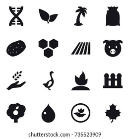 16 vector icon set : dna, palm, honeycombs, field, pig, harvest, goose, sprouting, grain elevator, garden, drop, ecology, maple leaf