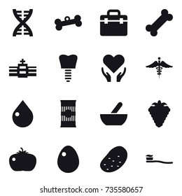 16 vector icon set : dna, bone, drop, mortar, berry, tomato, egg, potato, tooth brush