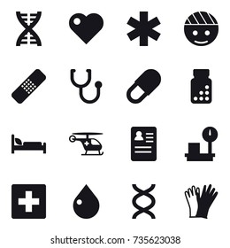 16 vector icon set : dna, heart, first aid, drop, gloves