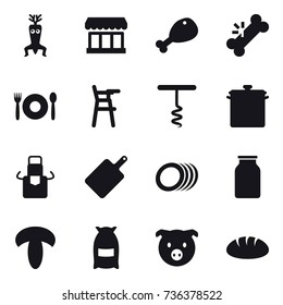 16 vector icon set : dna modify, market, chicken leg, cafe, Chair for babies, corkscrew, pan, apron, cutting board, flour, pig, bread