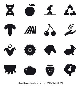 16 vector icon set : dna, tourist, field, cherry, harvest, corn, flower, horse, rabbit, udder, tomato, strawberry, garden