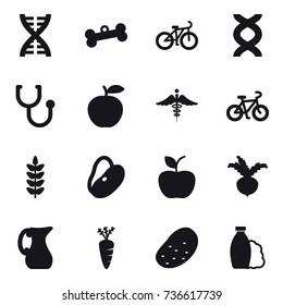 16 vector icon set : dna, bone, bike, apple, beet, jug, carrot, potato, shampoo